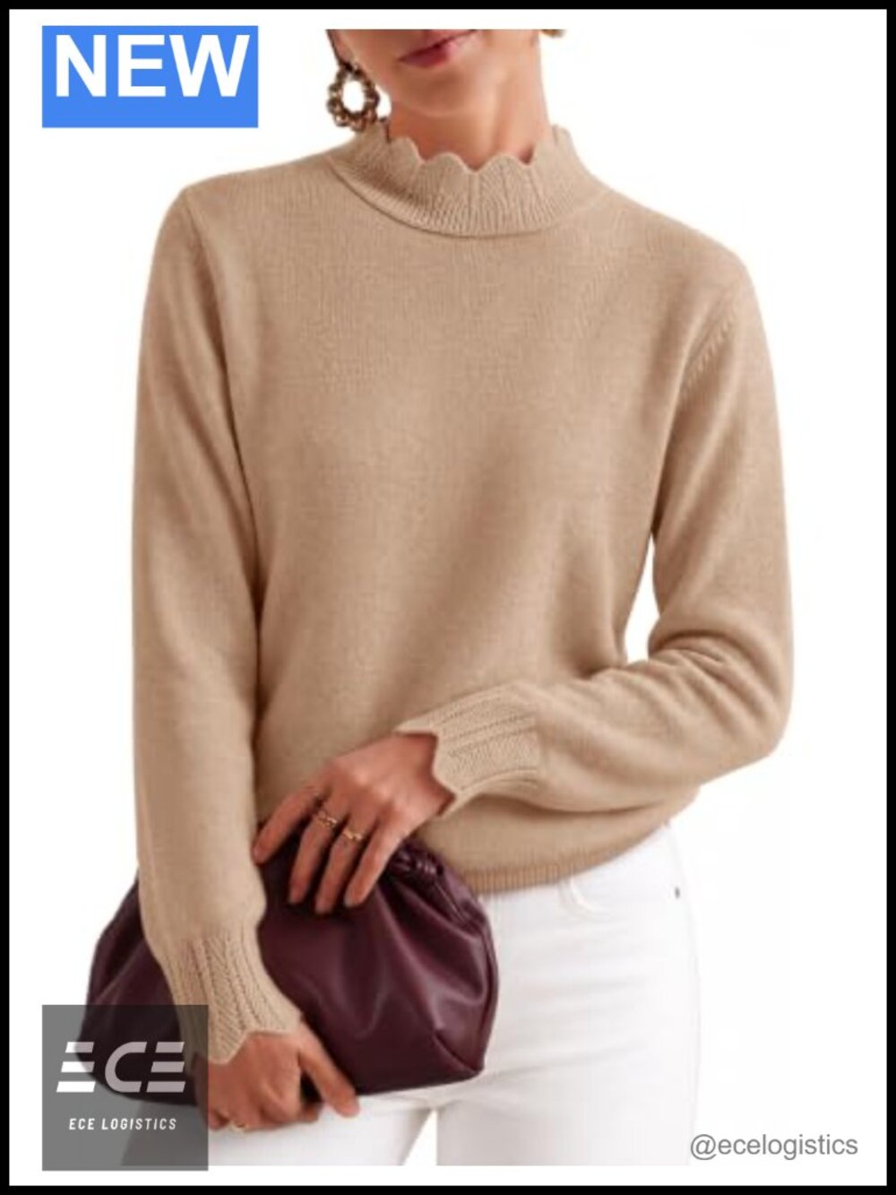 Scalloped Mock Neck Pullover Sweater Ruffle Puff Long Sleeve